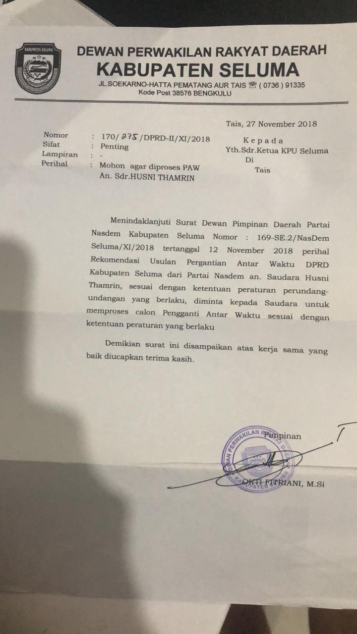 Surat DPRD Seluma terkait Permohonan agar diproses PAW Husni Thamrin